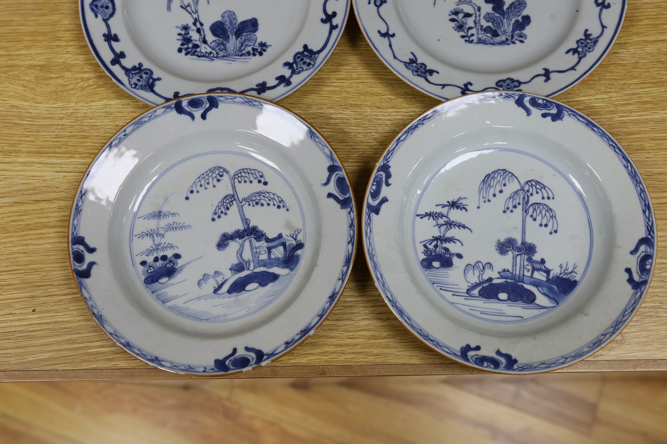 A set of four 18th century Chinese export blue and white plates, and a similar pair of plates (6), set of four 23 cms diameter